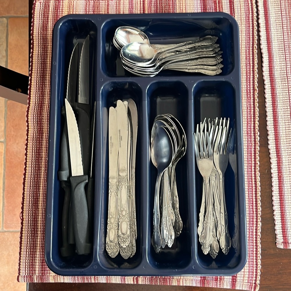 Kitchen draw Utensil tray and metal utensils silverware flatware see description